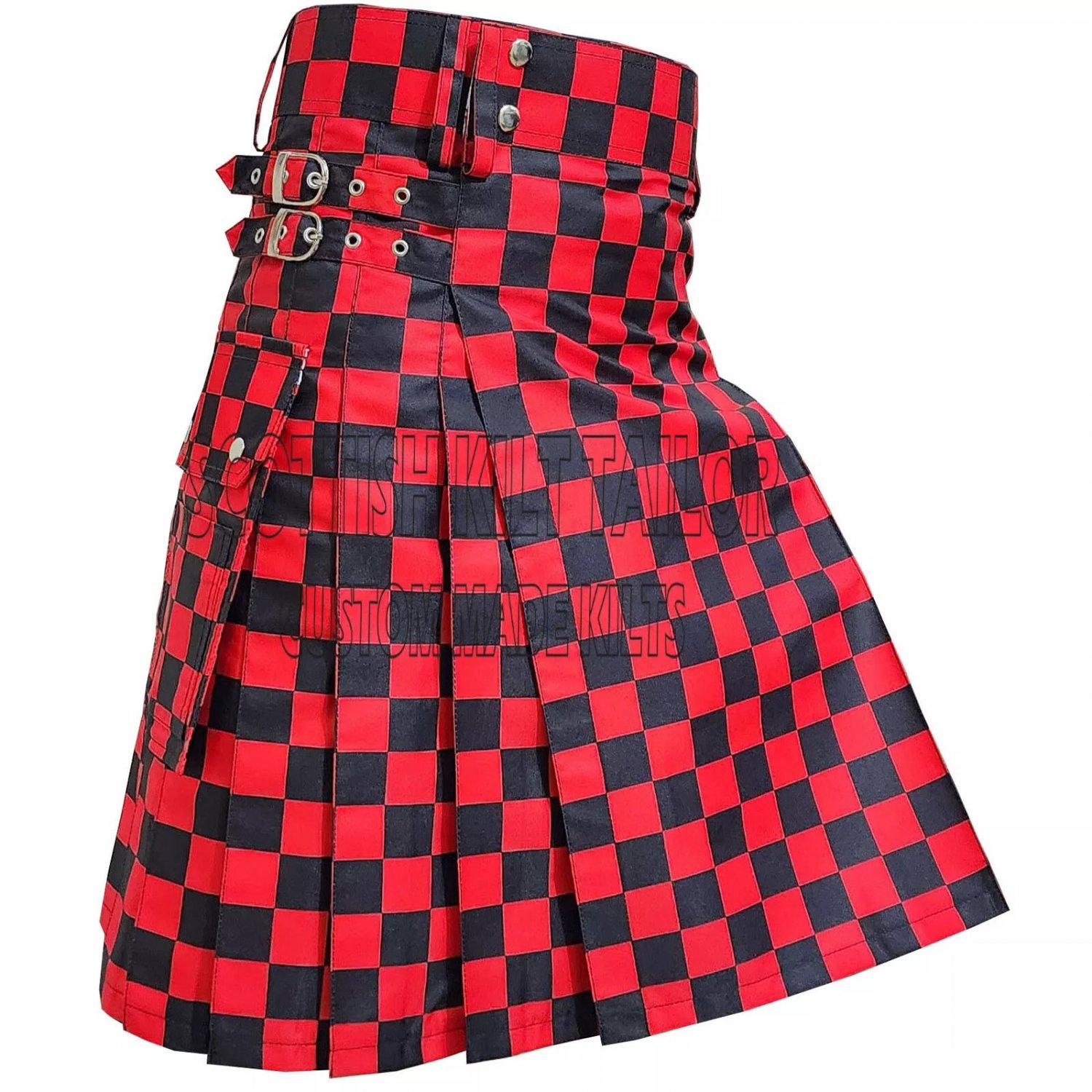 Scottish Handmade Utility Kilt For Men's Black & Red Utility Hybrid Deluxe Custom Size Kilt