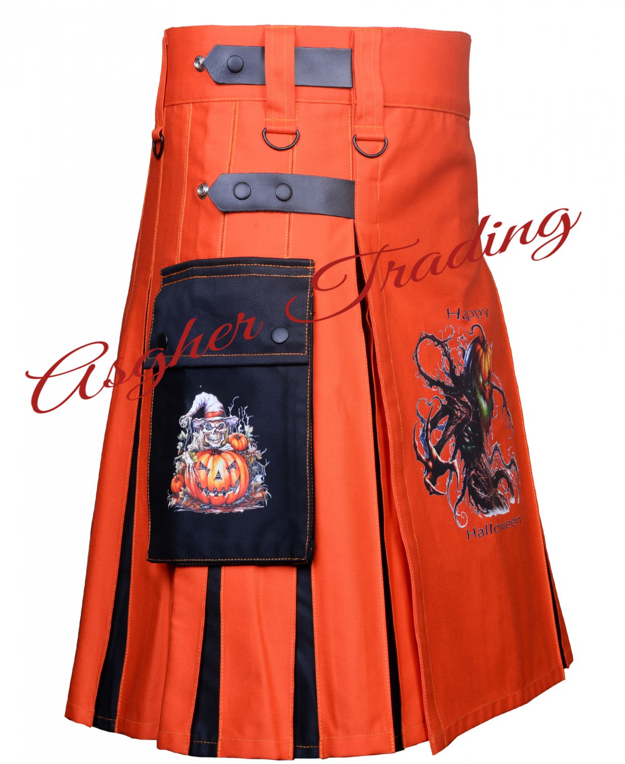 Scottish Handmade Orange & Black Hybrid Utility kilt Halloween Pumpkin Kilt For Halloween