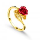 Red Rose Garden Flower Leaves Resizable Gold Finger Rings