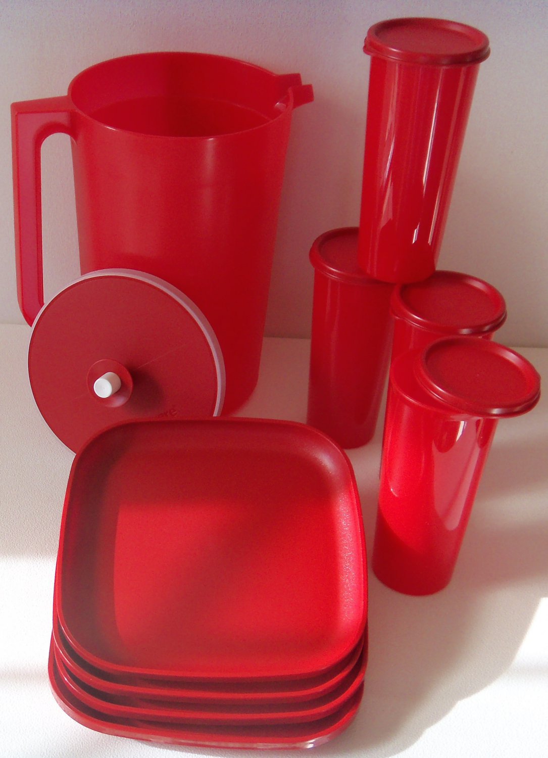 Tupperware Red 8" square Luncheon Plates, 1 Gallon Pitcher, 16 Ounce Tumblers