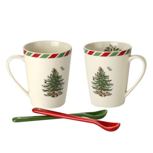 Spode Christmas Tree Set of 2 Candy Cane Mugs with Spoons