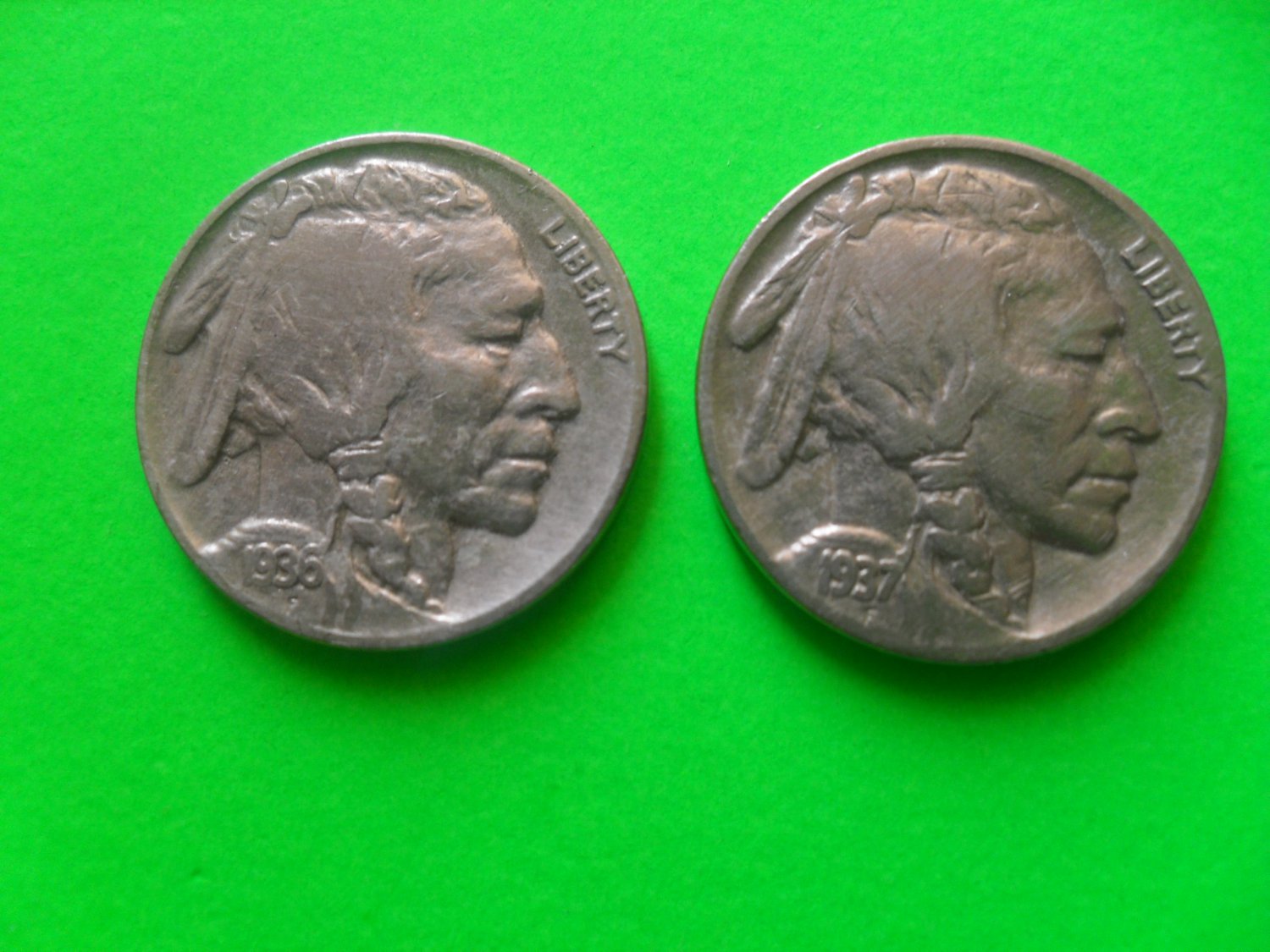 American Indian Head Baffle Nickels Five Cents - Set of 2(1936-1937).