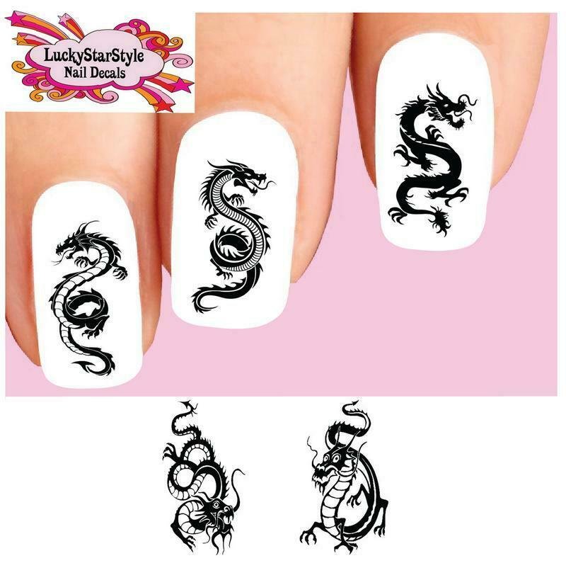 Waterslide Dragon Nail Decals Set of 20 - Black Dragons Silhouette Assorted
