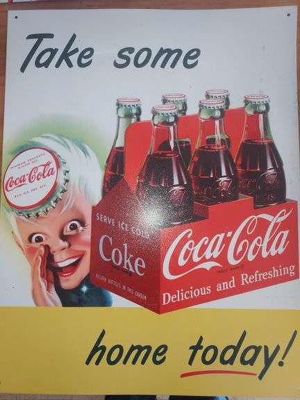 Coca-Cola "Take Some Home Today" Bottle Cap Boy Vintage Metal Sign Circa 1990's