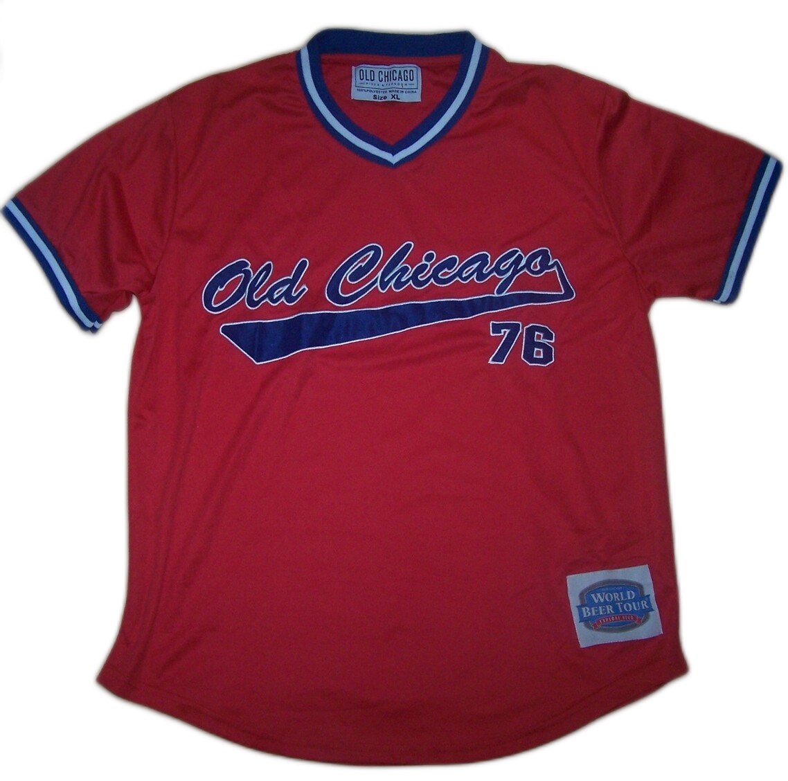Old Chicago World Beer Tour #76 V-Neck Red Baseball Jersey XL Polyester Shirt