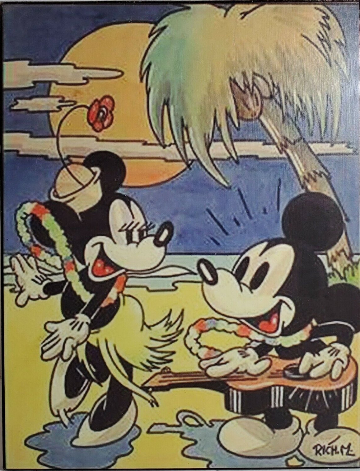 Mickey Minnie Mouse Hula by Moonlight in Paradise Printed Mounted Masonite Wood