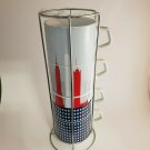 Set of 4 Coffee Cups New York Skyline US Flag Colors in Rack Mugs for Tea 12" Ht