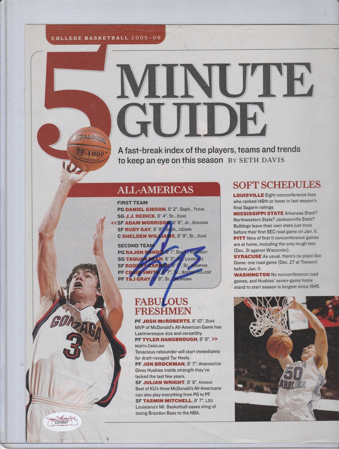 Adam Morrison two autograph magazine JSA pages