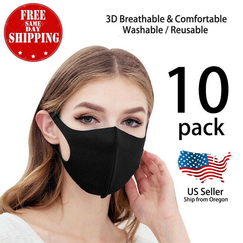 10 Pack Face Mask Reusable Washable Breathable Unisex Black Face Mask