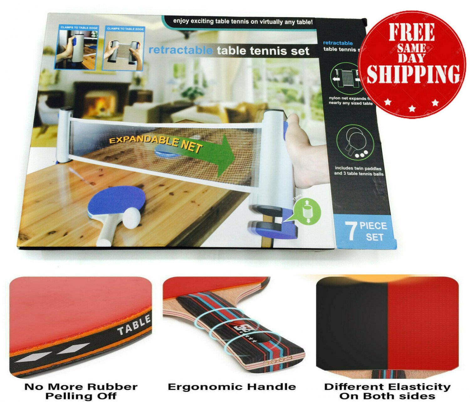 Instant Table Tennis Set Portable Turn Table into Ping Pong Net 2 Paddles Balls