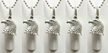 FIVE Brushed Silver Bald Eagle CREMATION URN NECKLACES w/Pouches, Chain, Funnel