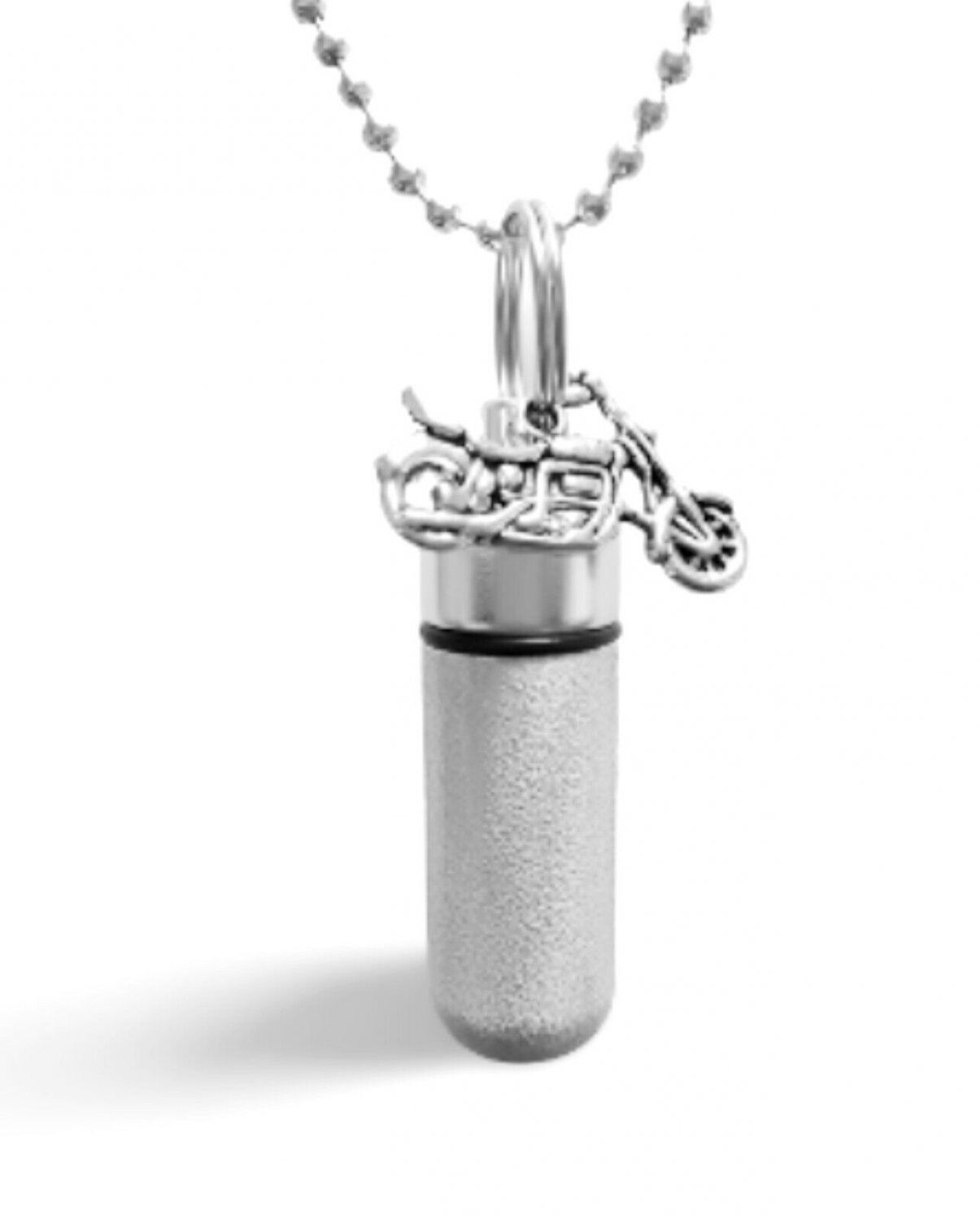 Brushed Silver Motorcycle Cremation Urn on 24" Ball Chain NECKLACE with Vial