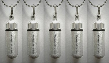 FIVE Brushed Silver "Always & Forever" CREMATION URNS w/Pouches, Chains, Funnel