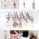 FIVE Assorted ENGRAVED CREMATION URN NECKLACES w/Pouches, Ball-Chains, Fill Kit