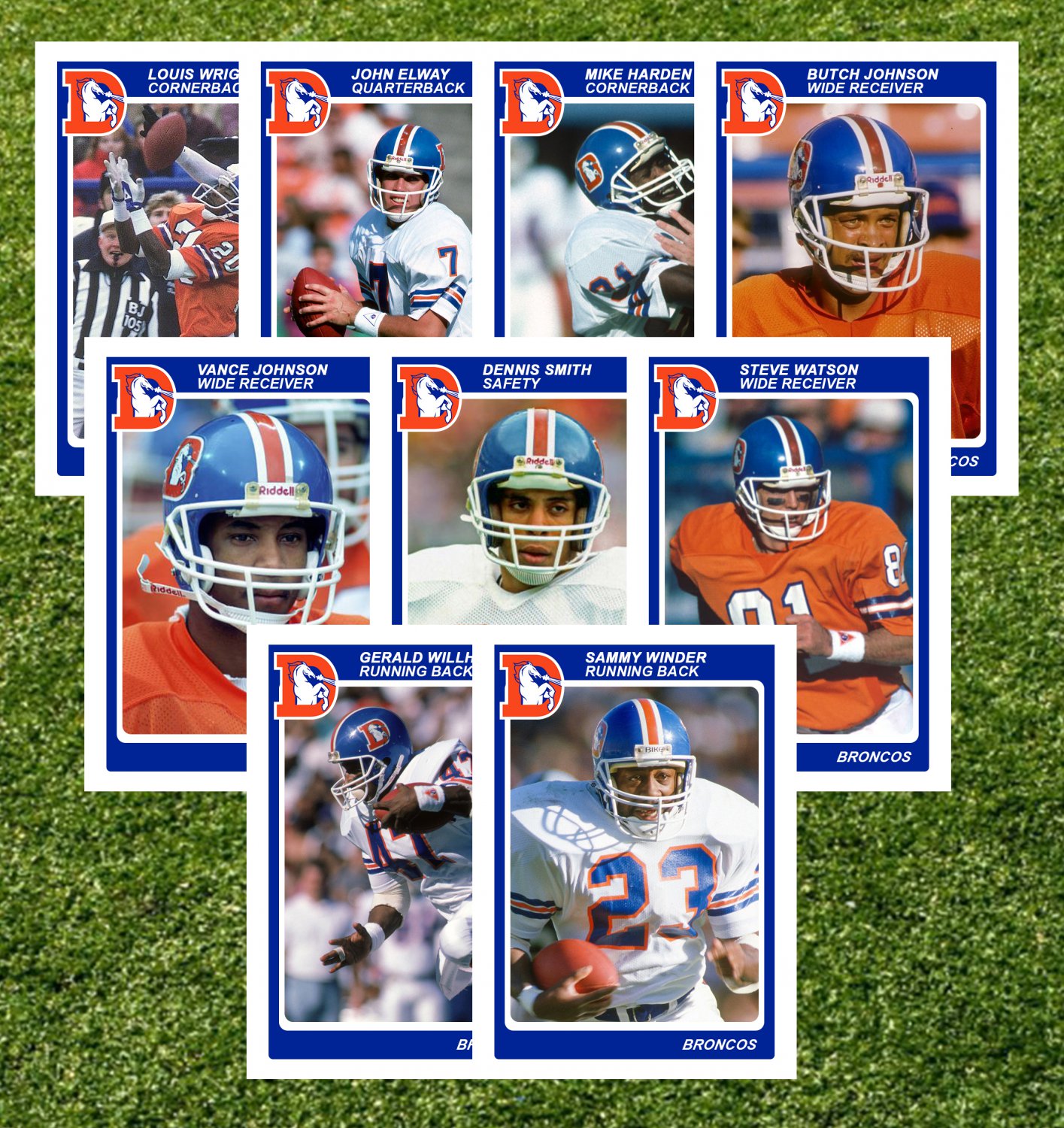 Set of nine (9) 1985 DENVER BRONCOS custom football cards