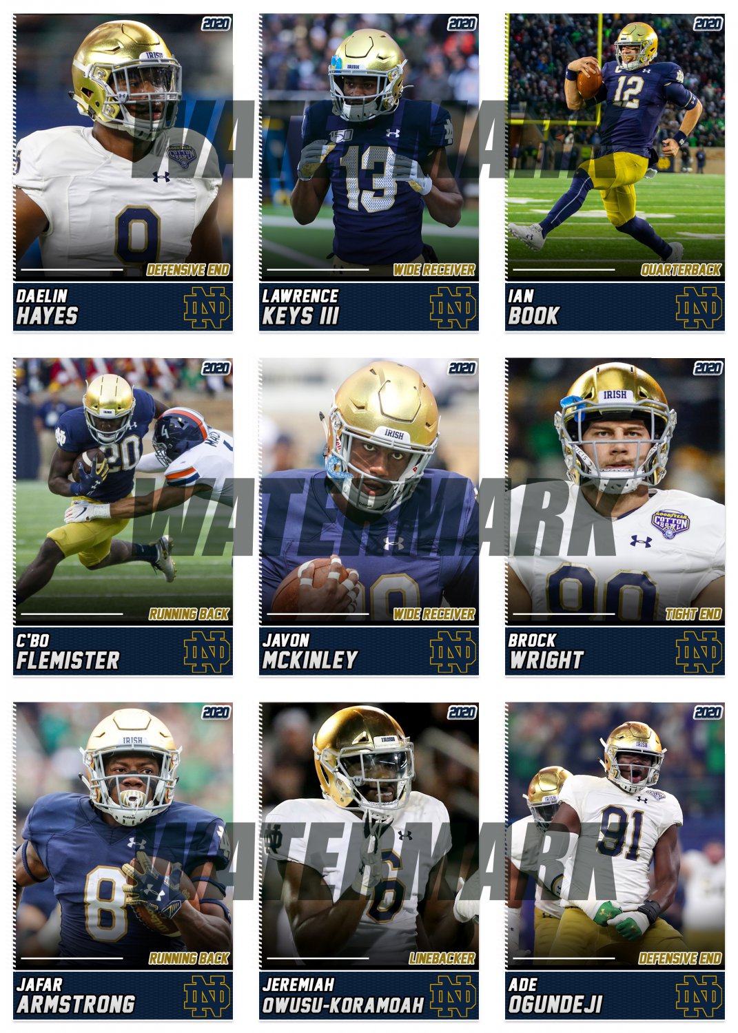 Set Of Nine 9 2020 NOTRE DAME FIGHTING IRISH Custom Football Cards