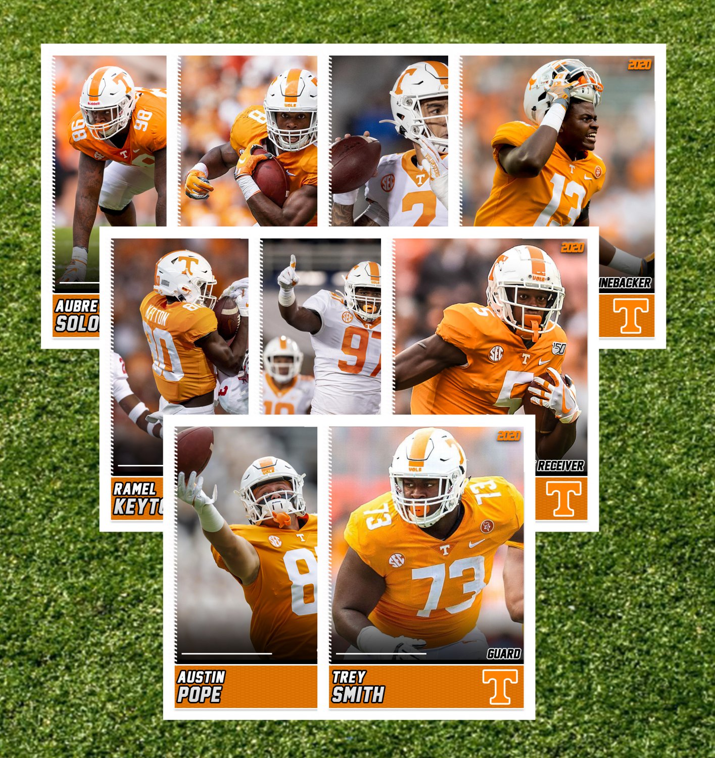 Set of nine (9) 2020 TENNESSEE VOLUNTEERS custom football cards