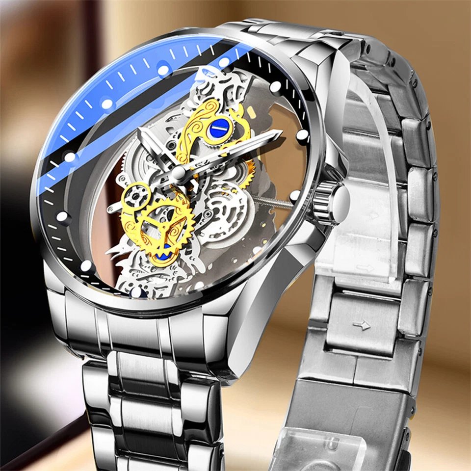 Men&acirc;��s Silver Skeleton Watch - Automatic Mechanical Stainless Steel Business