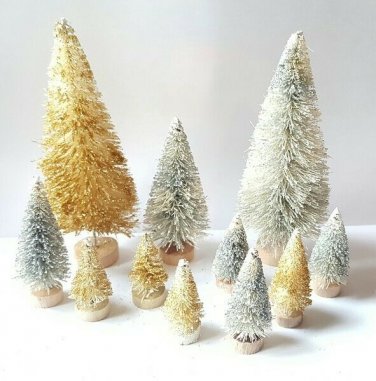 LOT 11 Mini METALLIC SILVER & GOLD Miniature Sisal Bottle Brush Christmas Trees