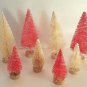 LOT of 8 Mini Miniature RED & IVORY Sisal Bottle Brush Flocked Xmas Trees