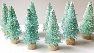 LOT 12 Mini AQUA BLUE LIGHT TEAL Miniature Sisal Bottle Brush Christmas Trees