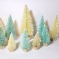 10 IVORY & AQUA BLUE Miniature Sisal Bottle Brush Flocked Christmas Trees LOT