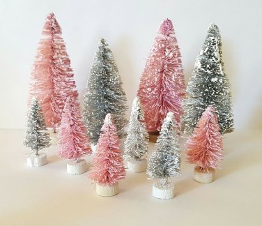 LOT 10 Mini PINK & SILVER GREY MIX Miniature Sisal Bottle Brush Christmas Trees