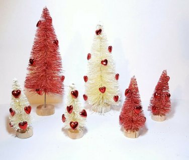 LOT 6 Mini VALENTINE'S DAY Red & White HEARTS Miniature Sisal Bottle Brush Trees