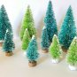10 Mini ASST GREEN Miniature Sisal Bottle Brush Flocked Snow Christmas Trees LOT