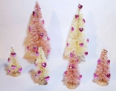 LOT 6 Mini VALENTINE'S DAY White &Pink HEARTS Miniature Sisal Bottle Brush Trees
