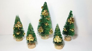 Lot 5 St PATRICK'S DAY Dark Green Mini Sisal Bottle Brush Trees w/Gold Clovers