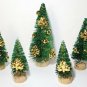 Lot 5 St PATRICK'S DAY Dark Green Mini Sisal Bottle Brush Trees w/Gold Clovers