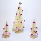 LOT 3 Mini VALENTINE'S DAY White w/PinkHEARTS Miniature Sisal Bottle Brush Trees