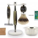 5 PC High Quality Shaving Kit for Men Safety Razor Silver Tip Badger Hair Brush Bowl Stand Pouch