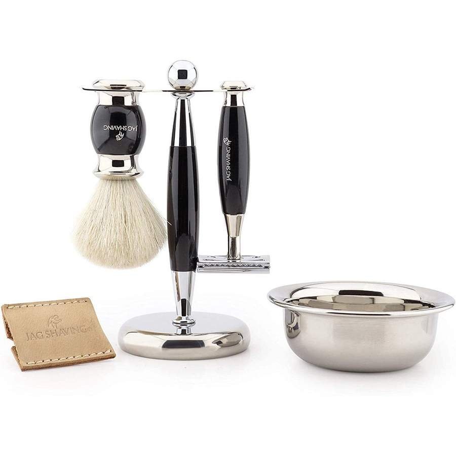 5 PC Classic White Badger Hair Shaving Brush with Black Handle Best Shaving Kit for Men