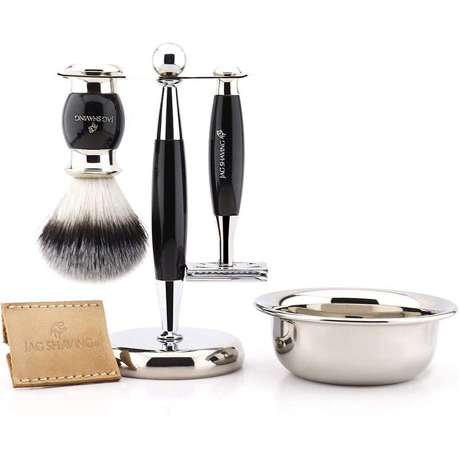 Shaving Kit for Men Double Edge Safety Razor with Black Brass Handle Silver Tip Synthetic Hair Brush