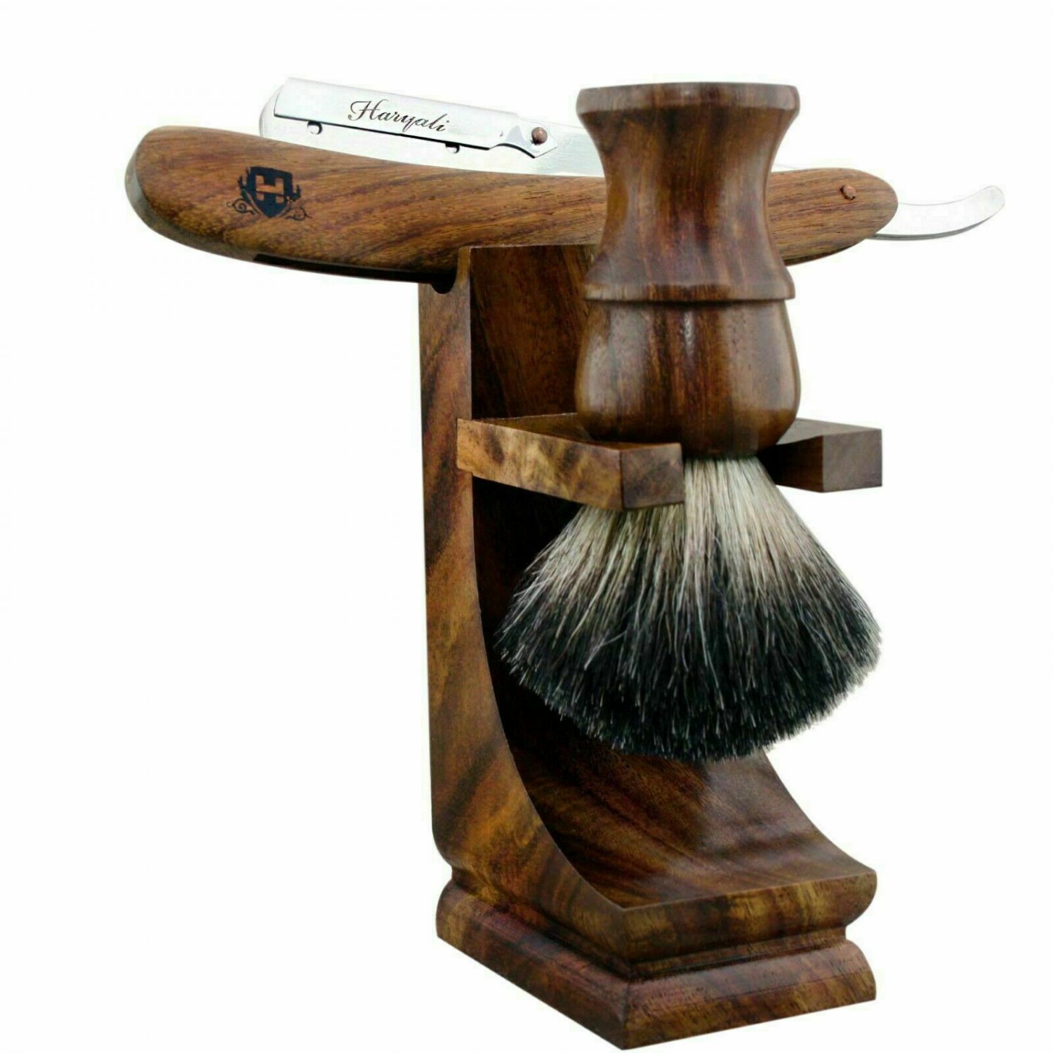 Barber Style Shaving Set Black Badger Hair Brush Wooden Straight Razor Dual Stand