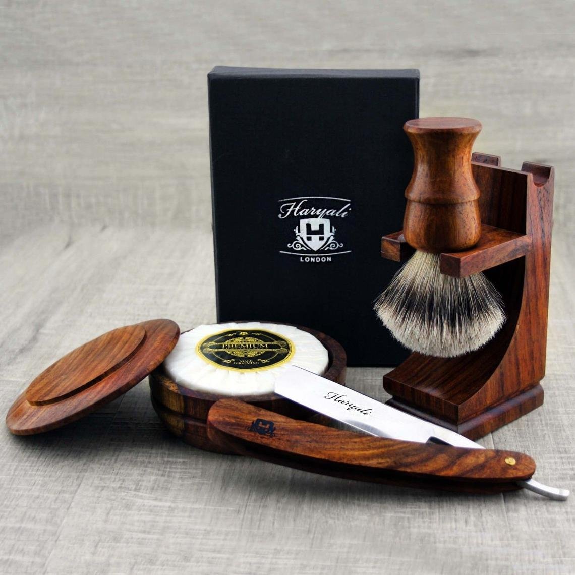 Barber Wooden Set Straight Cut Throat Razor Silver Tip Brush Antique Shaving Kit Home Salon Shave