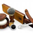 Vintage Style Wood Handle Men Shaving Kit Synthetic Brush Straight Razor Barber Salon Shaving Set