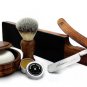 Vintage Style Wood Handle Men Shaving Kit Synthetic Brush Straight Razor Barber Salon Shaving Set