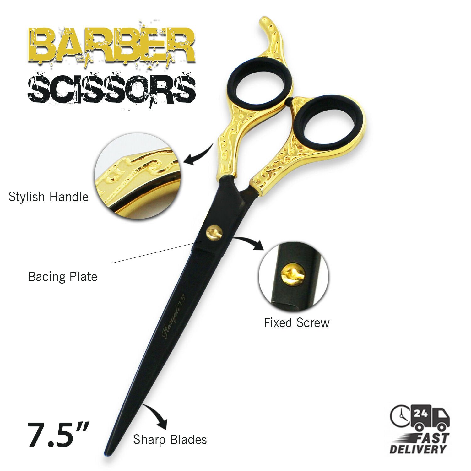 Luxury Hairdressing Scissors Barber Salon Hair Cutting Shears 7.5" Black & Gold