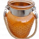 8.50" H Orange Glass Jar In Embossed Design With Hanging Jute Rope