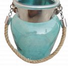8" H Blue Glass Jar With Hanging Jute Rope