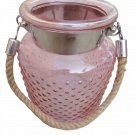 8.50" H Pink Glass Jar In Embossed Design With Hanging Jute Rope