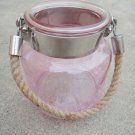5.50" H Pink Glass Jar Half Crackled With Hanging Jute Rope