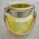 5.50" H Yellow Glass Jar Half Crackled With Hanging Jute Rope