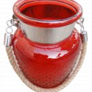 8.50" H Red Glass Jar In Embossed Design With Hanging Jute Rope