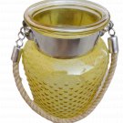 8.50" H Yellow Glass Jar In Embossed Design With Hanging Jute Rope