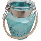 8.50" H Blue Glass Jar In Embossed Design With Hanging Jute Rope