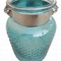 8.50" H Blue Glass Jar In Embossed Design With Hanging Jute Rope